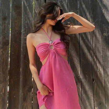 Pink Cut Out Halter Backless Dress