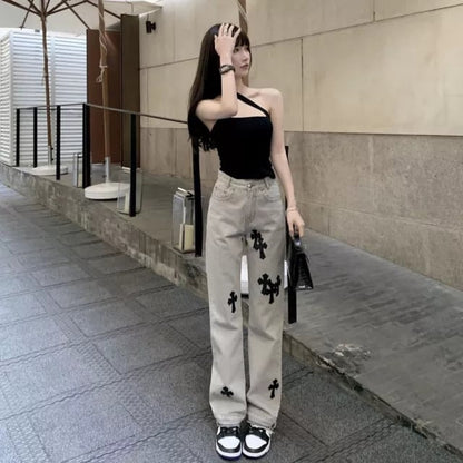 Cute Cross Jean High Waist Straight Baggy Pants Denim Trousers Summer Aesthetic Casual E-Girl Kawaii Korean Japanese Harajuku