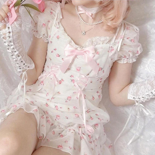 White Floral Puff Short Sleeve Lace Patchwork Mini Dress Summer Aesthetic Casual E-Girl Kawaii Korean Japanese Harajuku