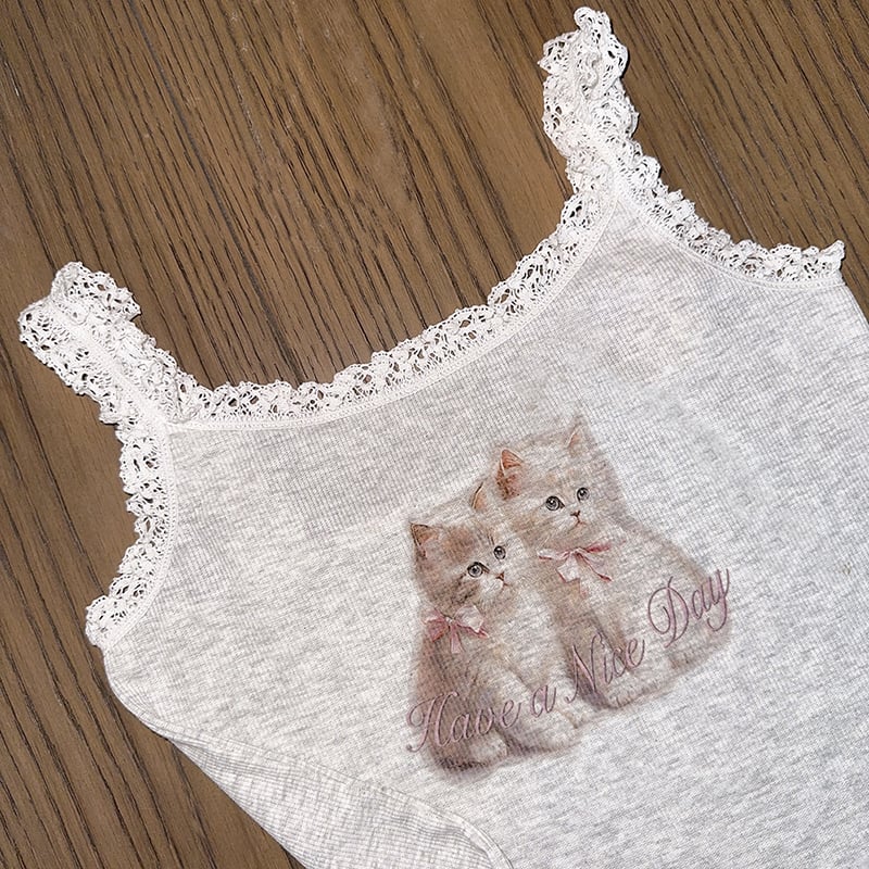 Cat Lace Trim Crop Top