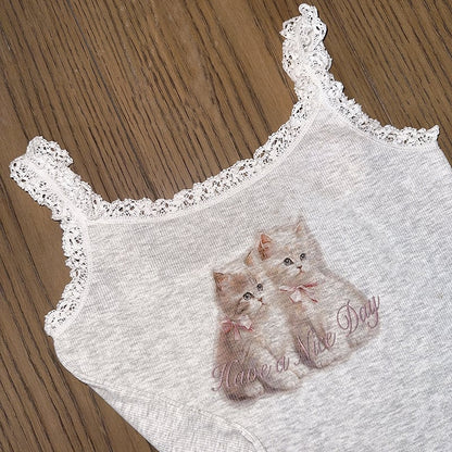 Cat Lace Trim Crop Top
