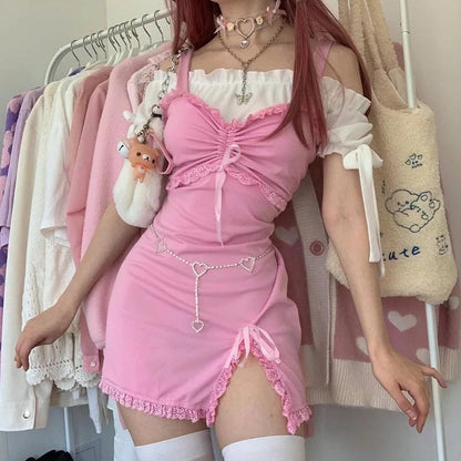 Cute Sweet Sexy Pink Slash Sleeveless Ruffles Sheath Tank Mini Bodycon Dress Aesthetic Casual E-Girl Kawaii Korean Japanese Harajuku