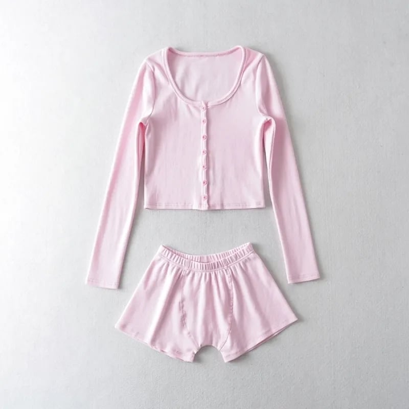 2PCS Pink Ribbed Button Long Sleeve Crop Top + Shorts