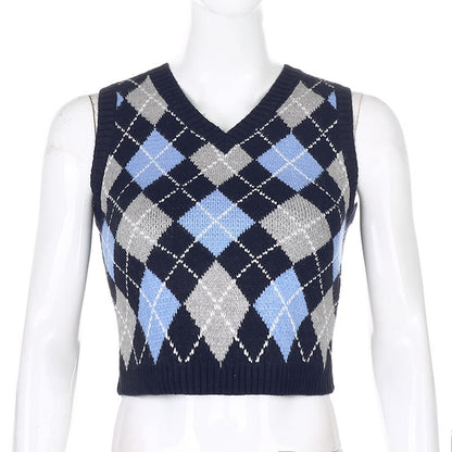 Vintage Plaid V Neck Sleeveless Sweater Vest Knit Crop Top Preppy Causal Pullover E-Girl Kawaii Korean Japanese Harajuku Streetwear