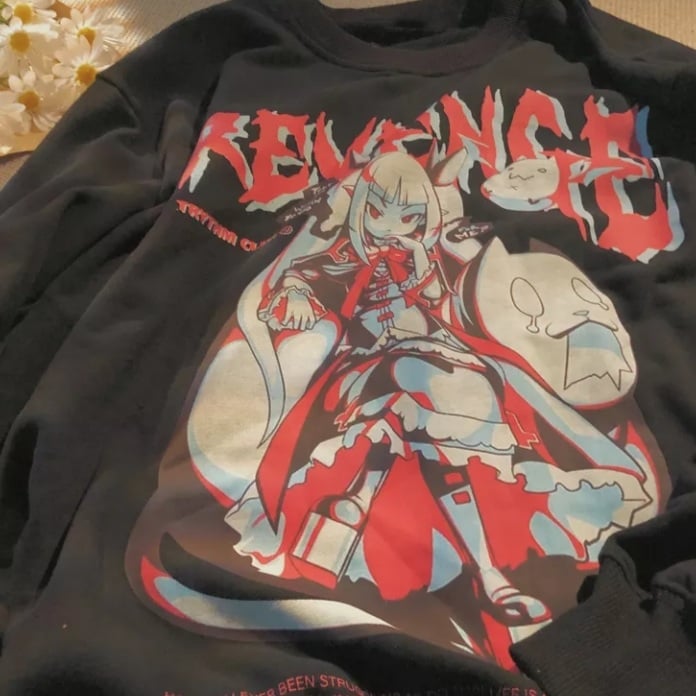Cute Black Anime Girl Cartoon Print Long Sleeve Shirt Sweatshirt Pullover Goth Punk Aesthetic Casual Summer E-Girl Kawaii Korean Japanese Harajuku