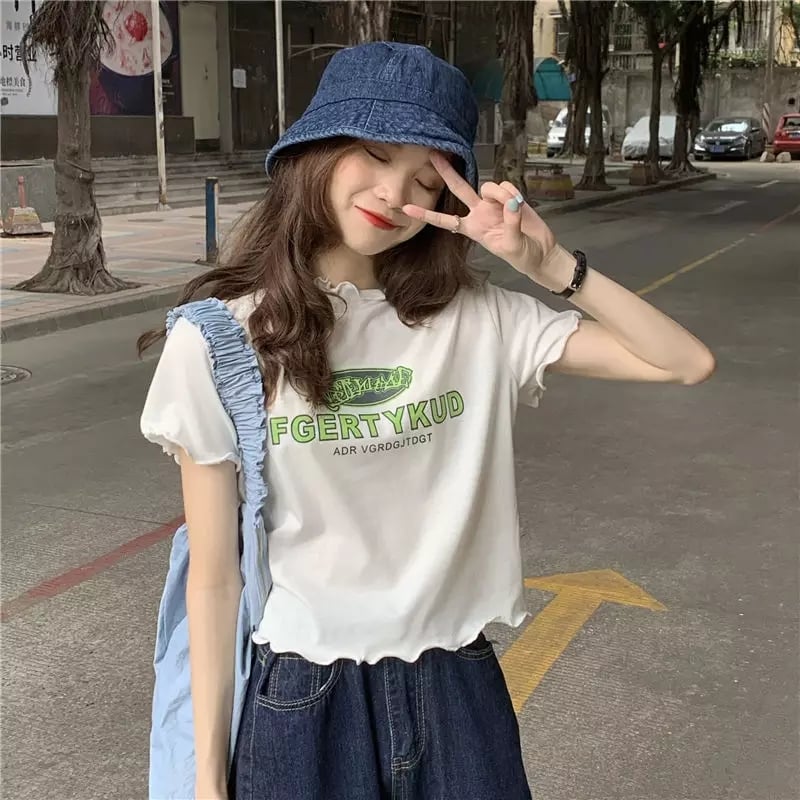 Cute Vintage Ruffle Off White Letter Print Short Sleeve Shirt Aesthetic Casual Summer E-Girl Kawaii Korean Japanese Harajuku