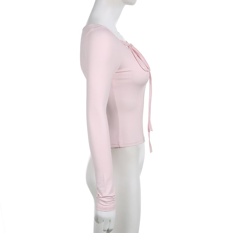 Sweet Lace Up Slash Neck Long Sleeve Shirt