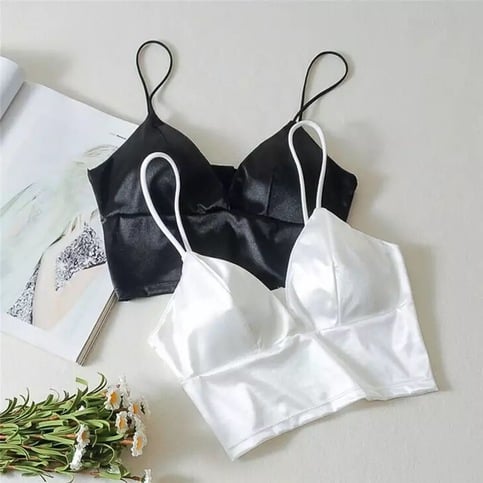Cute Black White Shiny Silk Crop Top Sleeveless Shirt Tank Spaghetti Strap Blouse Summer Club Party E-Girl Kawaii Korean Japanese Harajuku Streetwear