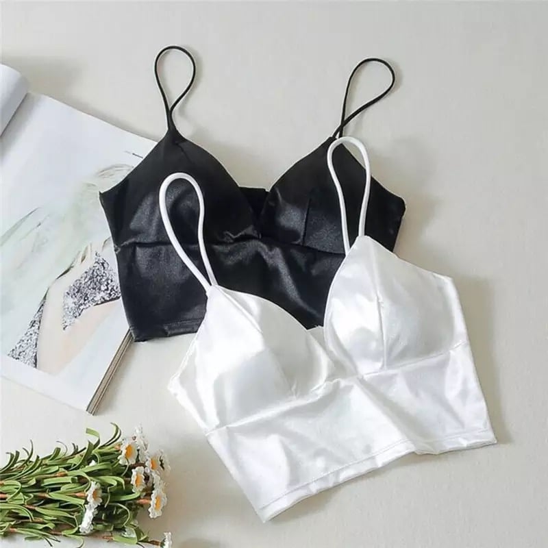 Cute Black White Shiny Silk Crop Top Sleeveless Shirt Tank Spaghetti Strap Blouse Summer Club Party E-Girl Kawaii Korean Japanese Harajuku Streetwear