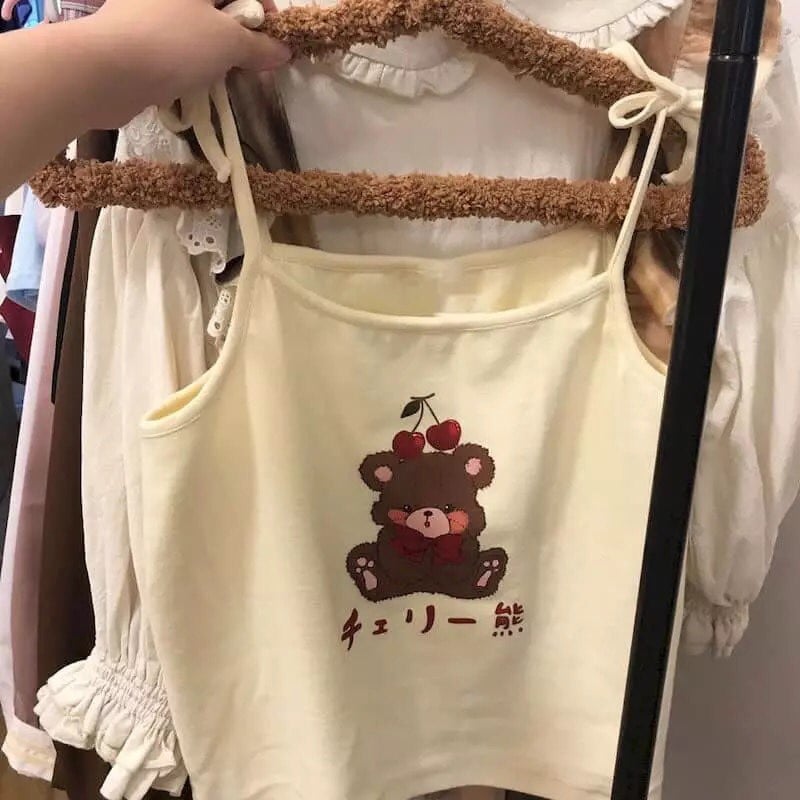 Cute Brown Bear Cherry Graphic Cartoon Print Camisole Spaghetti Strap Shirt Aesthetic Casual Summer E-Girl Kawaii Korean Japanese Harajuku