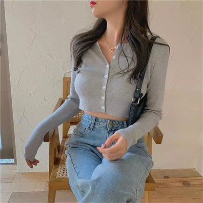 Cute Vintage O Neck Button Down Knit Cardigan Crop Top Sweater Sweatshirt Pullover Jumper E-Girl Kawaii Korean Japanese Harajuku Streetwear