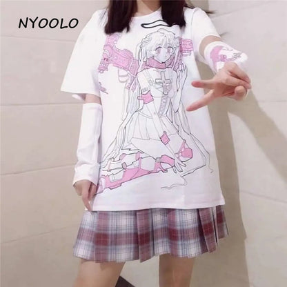 Angel Steampunk Anime Girl Cartoon Print Loose Short Sleeve T-shirt Top Summer Causal Goth Punk E-Girl Kawaii Korean Japanese Harajuku Streetwear