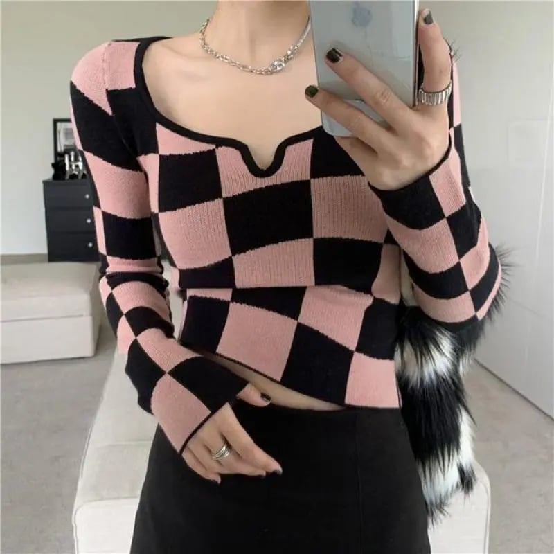 Pink & Black Checkboard Knit Sweater