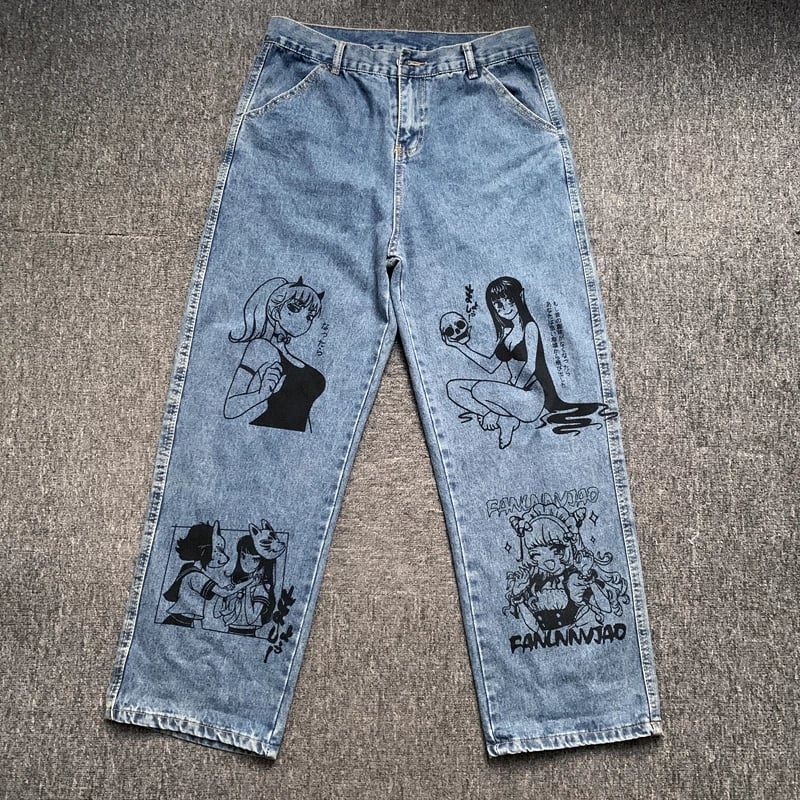 Cute Anime Girl Cartoon Print Denim Jeans Trousers Wide Leg Pants Bottoms Aesthetic Casual Summer E-Girl Kawaii Korean Japanese Harajuku