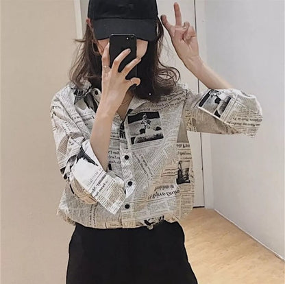 Cute Vintage Newspaper Letter Print Button Up Long Sleeve Shirt Blouse Top Aesthetic Casual E-Girl Kawaii Korean Japanese Harajuku