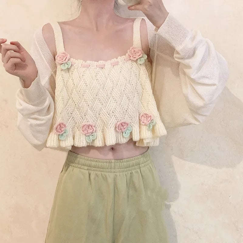 Sweet Floral Knit Vest Tank Top