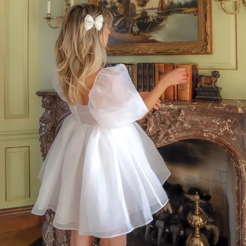 White Puff Sleeve A-Line High Waist Mini Dress