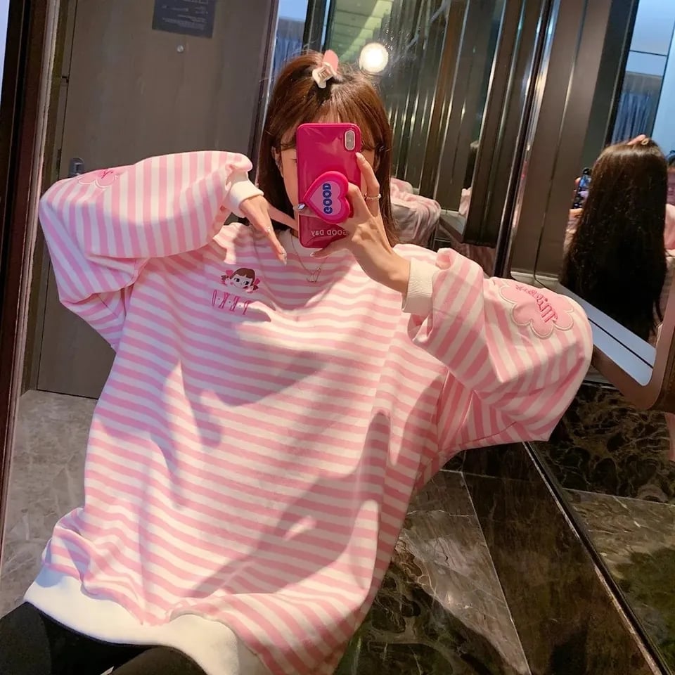 Pink Chocolate Stripe Oversized Long Sleeve Sweater