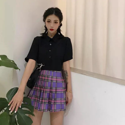 Purple Plaid Spring Summer High Waisted Pleated Skirt School Girl Skater Bottoms E-Girl Kawaii Korean Japanese Harajuku Streetwear