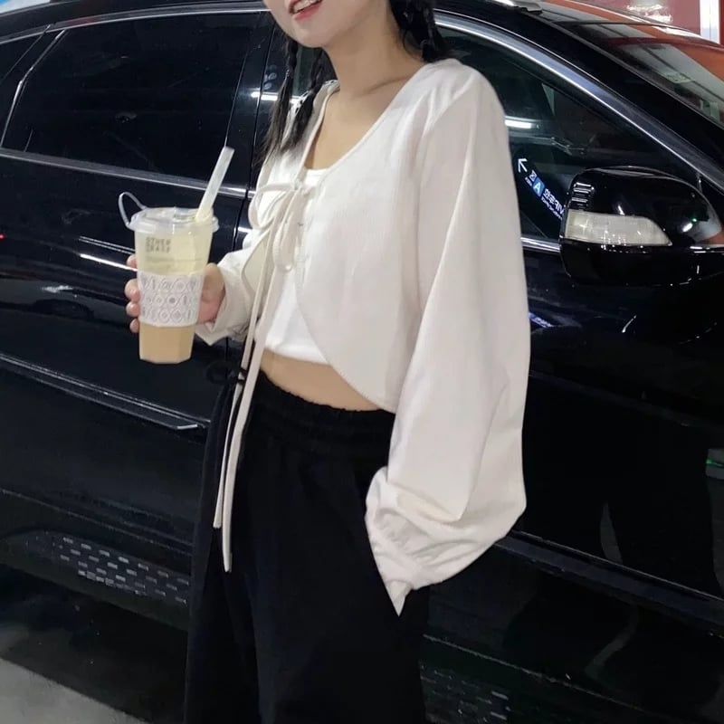 Cute Sweet White Lace Up Loose Cropped Long Sleeve Shirt Cardigan Pullover Aesthetic Casual Summer E-Girl Kawaii Korean Japanese Harajuku