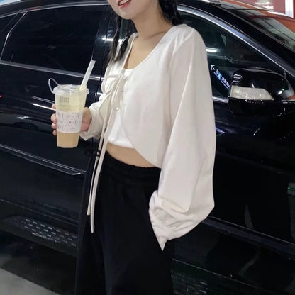 Cute Sweet White Lace Up Loose Cropped Long Sleeve Shirt Cardigan Pullover Aesthetic Casual Summer E-Girl Kawaii Korean Japanese Harajuku