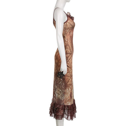 Retro Brown Lace V Neck Maxi Dress