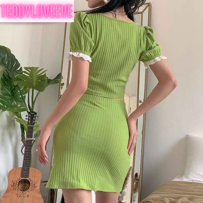 Cute Green Ribbed 2PCS Set Square Collar Puff Sleeve Lace Short Sleeve Crop Top Skirt Summer Party E-Girl Kawaii Korean Japanese Harajuku Streetwear