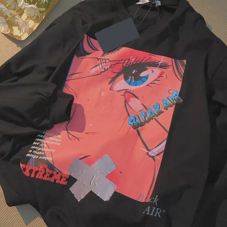 Cute Black Anime Girl Cartoon Print Hoodie Sweatshirt Long Sleeve Shirt Aesthetic Casual Summer E-Girl Kawaii Korean Japanese Harajuku