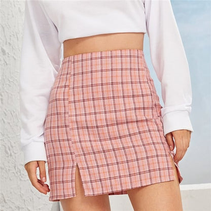 Cute Pink Black Plaid Check Print Split Bodycon A-Line High Waisted Mini Skirt Bottom E-Girl Kawaii Korean Japanese Harajuku Retro Streetwear Fashion