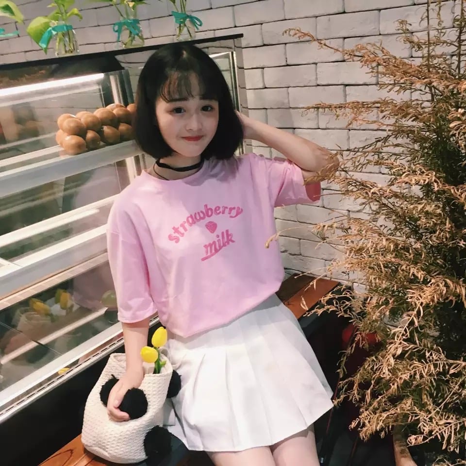 Cute Pastel Pink Strawberry Milk Causal Letter Print Short Sleeve T-shirt Top Tee Shirt E-Girl Kawaii Korean Japanese Harajuku Streetwear