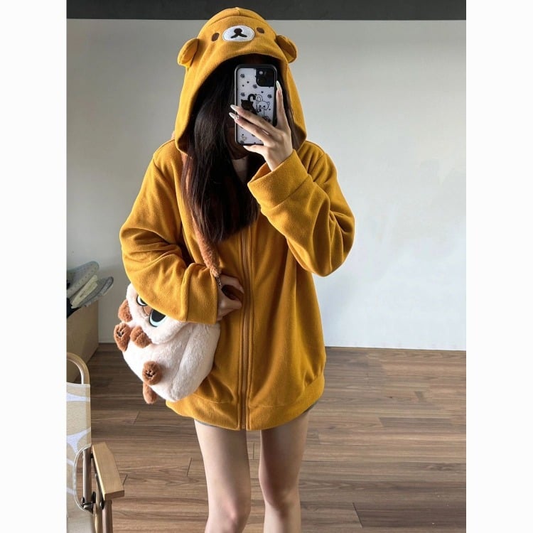 Bear Print Zip Up Hoodie
