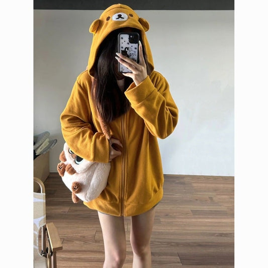 Bear Print Zip Up Hoodie