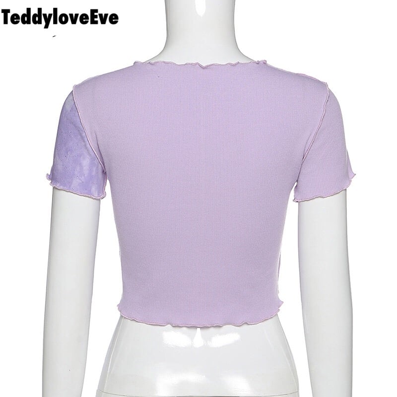 Cute Purple Sequin Ruffle Hem Patchwork Sexy Crop Top Short Sleeve Shirt Tee T-shirt Summer Casual E-Girl Kawaii Korean Japanese Harajuku Streetwear
