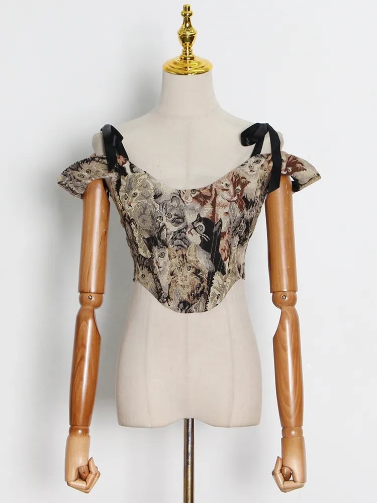 Cat Embroidery Lace Up Corset Top