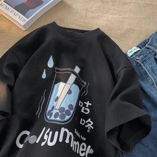 Bubble Milk Tea Print Short Sleeve T-shirt