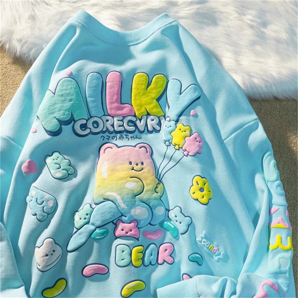Cute Purple Gummy Bear Print Loose Oversize Sweatshirt Long Sleeve T-shirt Aesthetic Casual Summer E-Girl Kawaii Korean Japanese Harajuku