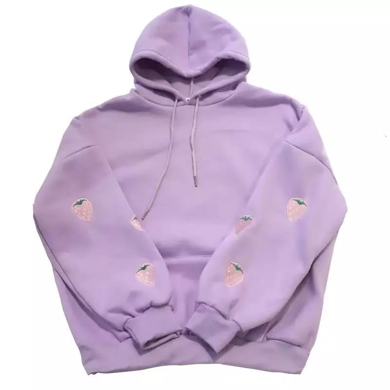 Cute Pastel Purple Strawberry Embroidery Patch Oversized Hoodie Sweater Sweatshirt Pullover Winter E-Girl Kawaii Korean Japanese Harajuku Streetwear