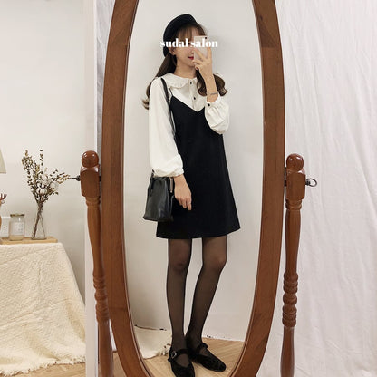 Cute 2pcs Summer Preppy White Ruffle Peterpam Collar Black Vintage V Dress E-Girl Kawaii Korean Japanese Harajuku Retro Streetwear
