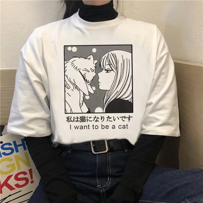 Cute Vintage Sweet Funny Cat Anime Girl Print Loose Short Sleeve Short T-shirt Tee Top Summer Casual E-Girl Kawaii Korean Japanese Harajuku Streetwear