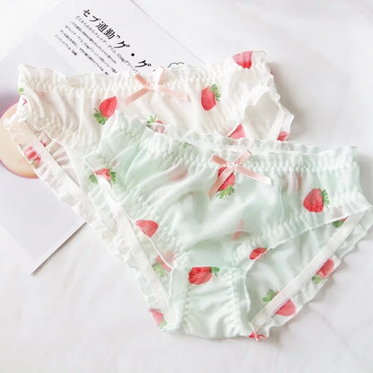 Cute Strawberry Print Ruffles Lace Brief Underwear Panties Lingerie Aesthetic Casual Summer E-Girl Kawaii Korean Japanese Harajuku