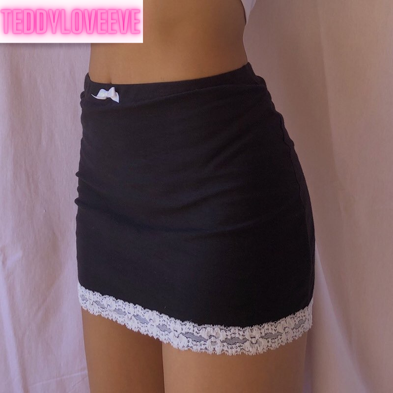 Cute Sexy 90s Vintage Sweet Bow Lace Trim Solid Black High Waisted Mini Skirt Bottoms Aesthetic Goth E-Girl Kawaii Korean Japanese Harajuku Streetwear