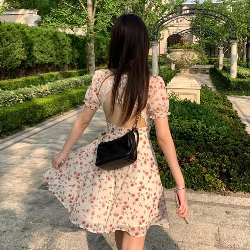 Sweet French Floral Elgeant Lace Backless Mini Dress Aesthetic Casual E-Girl Kawaii Korean Japanese Harajuku