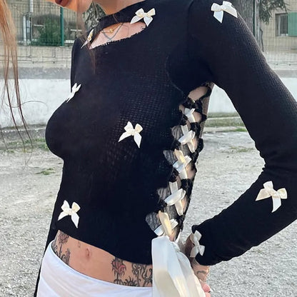 Black Bow Ribbon Hollow Out Knit Long Sleeve Shirt