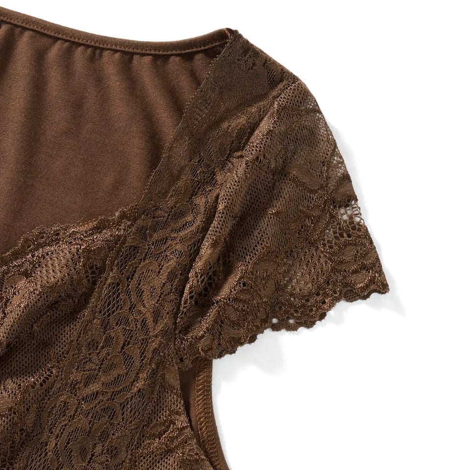Brown Lace Trim Short Sleeve Shirt