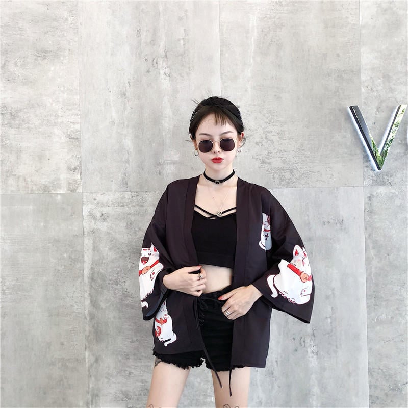 Pink Cat Blouse Kimono Cardigan Cartoon Print Loose Blouse Long Sleeve Shirt T-shirt Top E-Girl Kawaii Korean Japanese Harajuku Streetwear