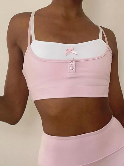 2PCS Pink Bow Spaghetti Strap Crop Top