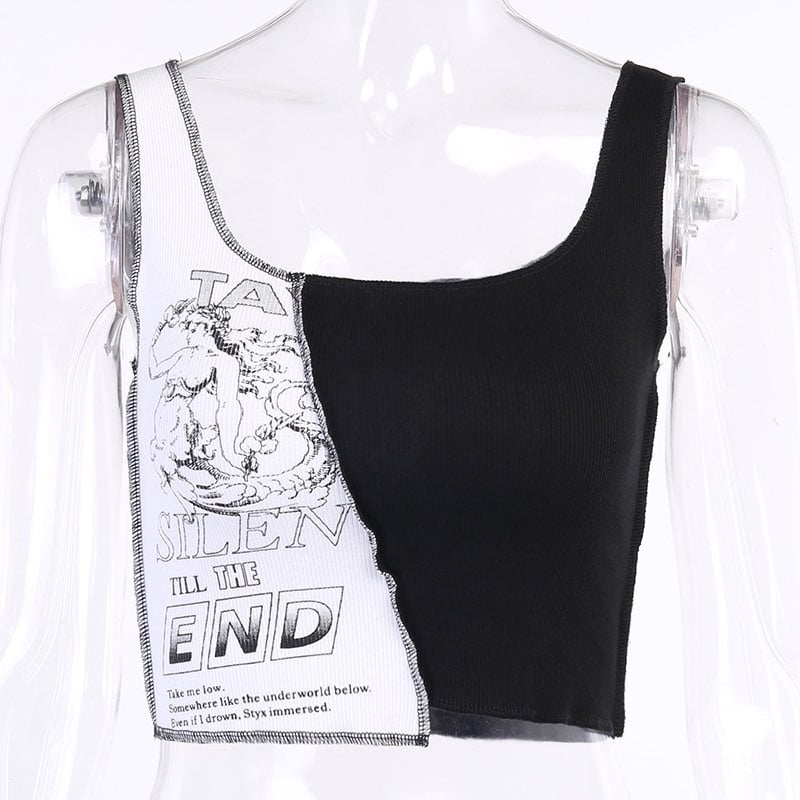 Cute Sexy Black White Patchwork Print Tank Crop Top Sleeveless Shirt Punk Bodycon Aesthetic Goth E-Girl Kawaii Korean Japanese Harajuku Streetwear