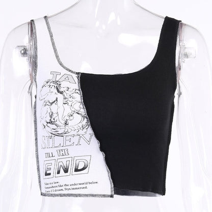 Cute Sexy Black White Patchwork Print Tank Crop Top Sleeveless Shirt Punk Bodycon Aesthetic Goth E-Girl Kawaii Korean Japanese Harajuku Streetwear