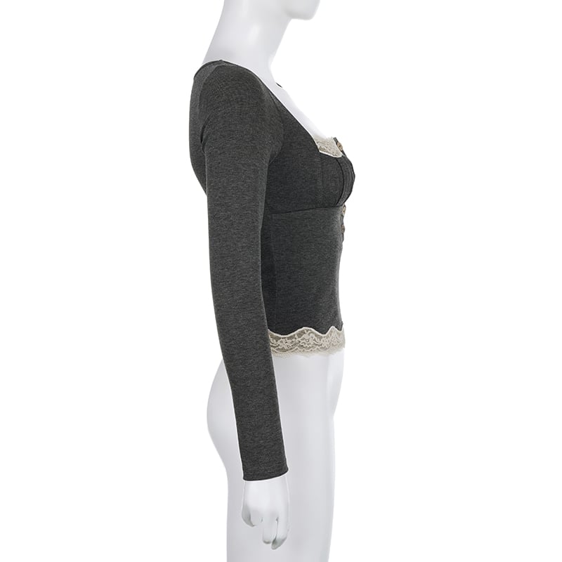 Grey Patchwork Square Neck Collar Long Sleeve Shirt