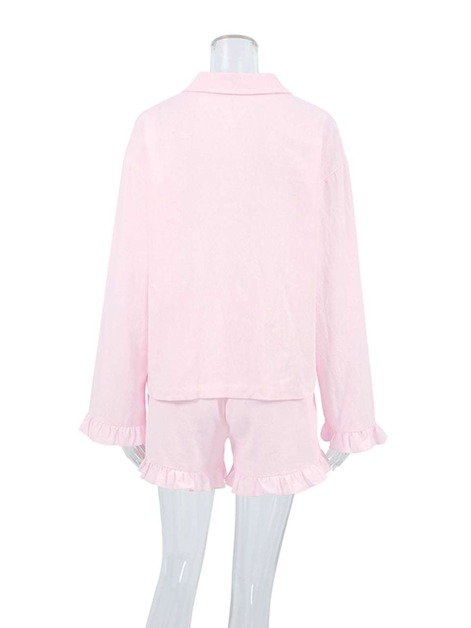 2PCS Pink Ruffle Long Sleeve Shirt + Shorts Pajama Set